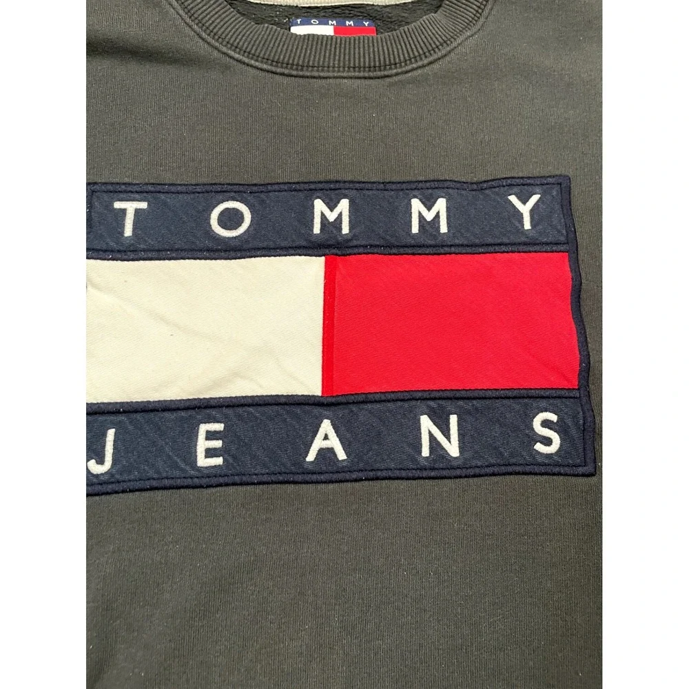 Vintage Tommy Jeans Sweater Womens Large Black Logo Crewneck Hilfiger Classic 90